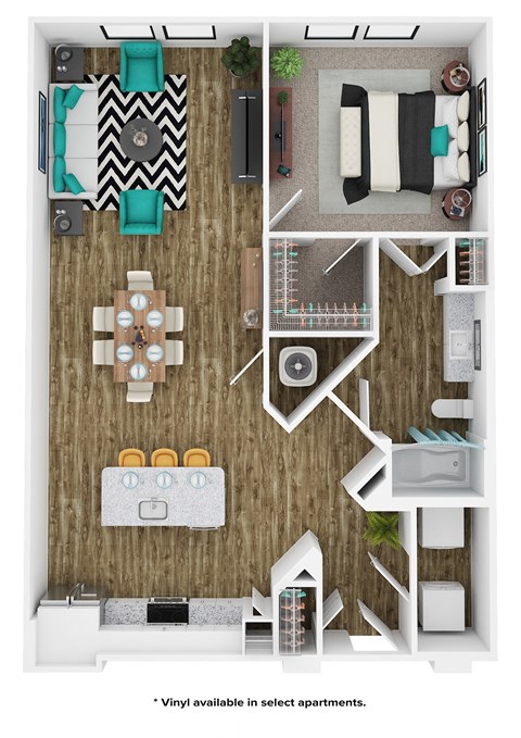 Floor plan for 1 bed, 1 bath, 907 sqft